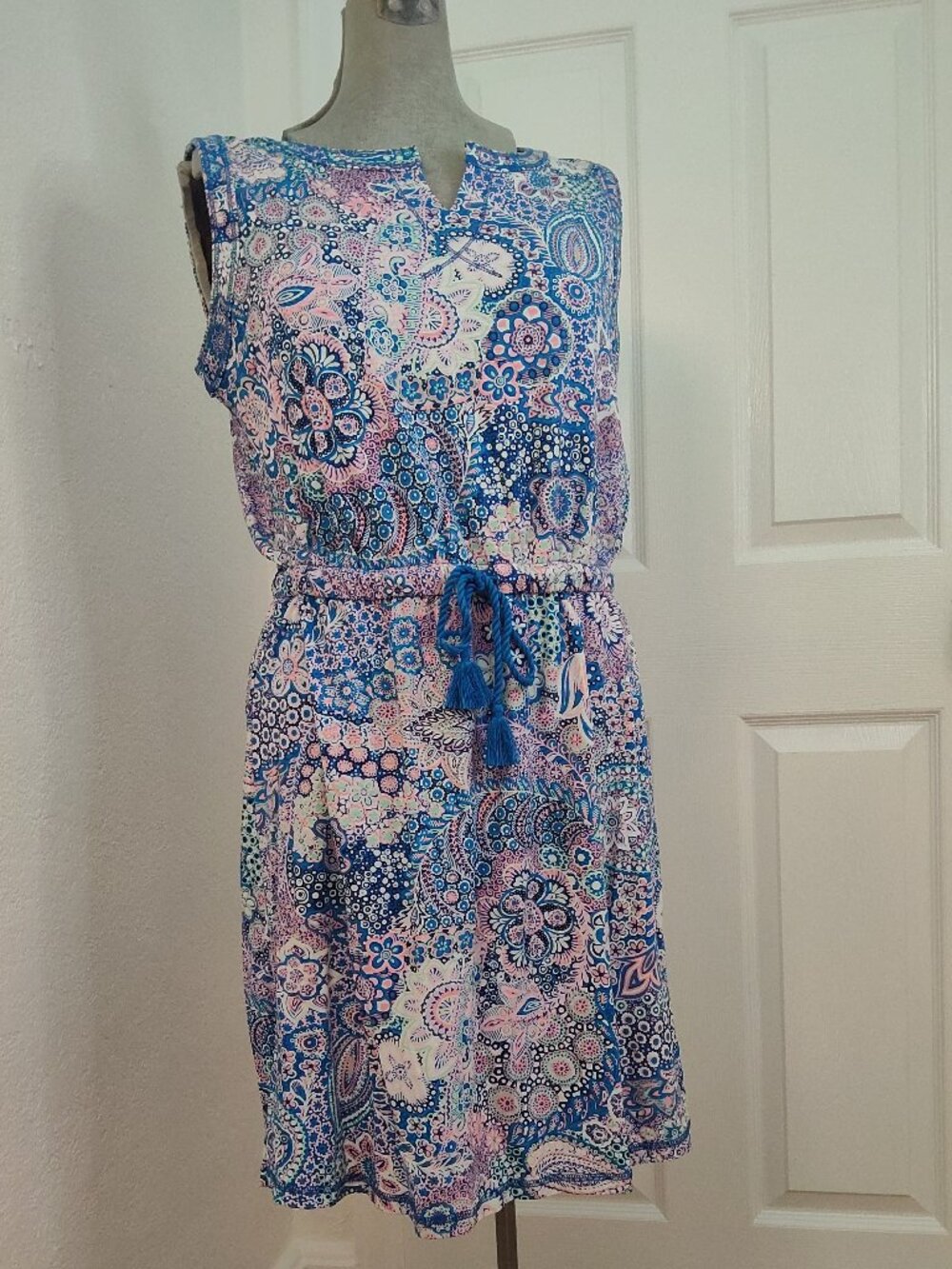 T by Talbots LP Casual Boatneck Sleeveless Cotton Blend Dress Blue Pink
